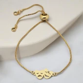 14 Ayar Altın Plakalı Harfe Özel Gülüş ve Hüzün Maskeli Altın Renkli Zincirli Hediye Bileklik-682 thumbnail 1