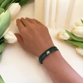 14 Ayar Altın Plakalı H Harfi Motifli Hakiki Koyu Yeşil Derili Hediye Bileklik-683 thumbnail 2