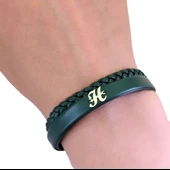 14 Ayar Altın Plakalı H Harfi Motifli Hakiki Koyu Yeşil Derili Hediye Bileklik-683 thumbnail 3