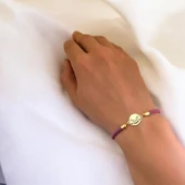 14 Ayar Altın Plakalı Gülen Yüz Figürlü Mor İpek Örgülü Hediye Bileklik-684 thumbnail 2