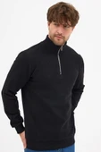 Erkek Siyah Standart Fit Normal Kesim Pamuklu Yarım Fermuarlı Dik Yaka Pamuklu Sweatshirt - 7