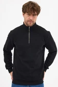 Erkek Siyah Standart Fit Normal Kesim Pamuklu Yarım Fermuarlı Dik Yaka Pamuklu Sweatshirt - 6