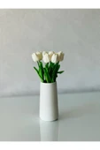 El Yapımı Beyaz Vazo Ve 8'li Lüx Islak Lale Buketi Modern Dekorasyon Minimalist Vazo - 1
