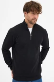 Erkek Siyah Standart Fit Normal Kesim Pamuklu Yarım Fermuarlı Dik Yaka Pamuklu Sweatshirt - 3