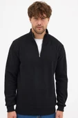 Erkek Siyah Standart Fit Normal Kesim Pamuklu Yarım Fermuarlı Dik Yaka Pamuklu Sweatshirt - 1