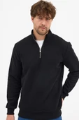 Erkek Siyah Standart Fit Normal Kesim Pamuklu Yarım Fermuarlı Dik Yaka Pamuklu Sweatshirt - 4