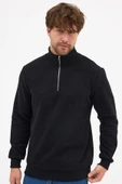 Erkek Siyah Standart Fit Normal Kesim Pamuklu Yarım Fermuarlı Dik Yaka Pamuklu Sweatshirt - 5
