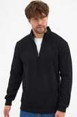 Erkek Siyah Standart Fit Normal Kesim Pamuklu Yarım Fermuarlı Dik Yaka Pamuklu Sweatshirt - 2