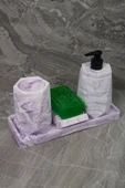 4 Parça Mor Mermer Desenli Beton Banyo Seti Diş Fırçalığı Sıvı Katı Sabunluk Tepsi thumbnail 2