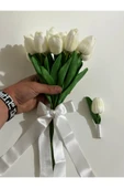 Dolgun Gelin Çiçeği Demeti Yapay Çiçek 16' lı Islak Lale Buketi Düğün Damat Yaka Çiçeği Gerçek Doku - 1
