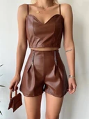 Çift fermuarlı deri şort kahve h24394 - 2