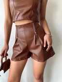 Çift fermuarlı deri şort kahve h24394 - 3
