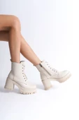 LAUREN Bağcıklı Fermuarlı Ortopedik Taban Topuklu Kadın Bot  CKT - Krem thumbnail 4