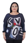 Büyük Beden Çiçek Nakışlı Love Nakışlı Kışlık Oversize Bluz thumbnail 1