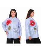 Büyük Beden Çiçek Motifli Slogan Yazılı Çizgili Gömlek - 6