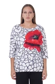 Büyük Beden Kırmızı Çiçek Motifli Kışlık Kapri Kol Bluz thumbnail 1