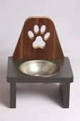 Ahşap Kedi Köpek Mama Su Kabı Standı Metal Suluk Mamalık Çelik Kaseli Evcil Hayvan Pati Desenli - 1