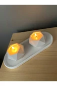 Geometrik Tealight Beton Mumluk, Oval Tabaklı Dekoratif Hediyelik Set Ham Beyaz - 3
