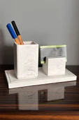 3 Parça Mermer Desenli Beton Kalemlik Ve Kartvizitlik Set - 1
