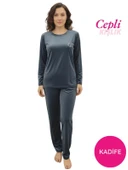 Kadın Mavi Bisiklet Yaka İpeksi Fransız Kadife Cepli Kışlık Pijama Takımı - 1