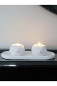 Geometrik Tealight Beton Mumluk, Oval Tabaklı Dekoratif Hediyelik Set Ham Beyaz - 2
