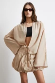 Geniş Kol Önden Bağlamalı Bluz Bej thumbnail 3