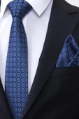 Esgue Hand Made 7.5 cm Saks Lacivert Motif Desen Mendilli Kravat thumbnail 2
