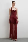 Boyun Askılı Fırfırlı Tül Elbise Bordo thumbnail 4