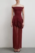 Boyun Askılı Fırfırlı Tül Elbise Bordo thumbnail 2