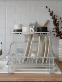 Afilli Alüminyum Bulaşıklık Paslanmaz 2 Katlı Bardak Tabak Kurutma Sepeti - 4