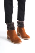 KATYA Fermuarlı Ortopedik Taban Topuklu Kürk Detaylı Süet Kadın Bot  STT - Taba - 1