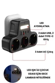 Akım Korumalı Priz Gece Lambalı 3 lü Priz 2xusb 2xtype-c Çıkışlı Grup Priz Çoğaltıcı - 2