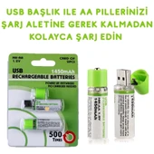 Usb Şarjlı 1450mah Aa 1.2v Lityum Kalem Pil 2 li Set Dönüşümlü Batarya - 1