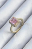 Pirinç Gold Renk Pembe Zirkon Taşlı Kadın Yüzük - TJ-BYK2902 - 1