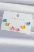 Pirinç Rengarenk Mineli Minimal Fiyonk Küpe Seti - TJ-BKP9319 - 2
