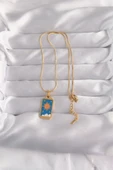 316L Çelik Gold Renk Mavi Mineli Güneş Model Tarot Kolye - TJ-BKO9026 - 2
