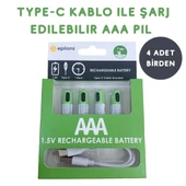 Usb Type-C Şarjlı 4 Adet AAA 1.5V Lityum Kalem Pil 750mAh Uzun Ömürlü - 1