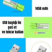 USB Şarjlı 1450mAh AA 1.2V Lityum Kalem Pil 2’li Set Dönüşümlü Batarya - 3