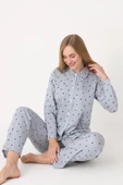 Gri Polka Dot Önden Düğmeli Pijama Takım thumbnail 3