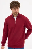 Erkek Bordo Standart Fit Normal Kesim Pamuklu Yarım Fermuarlı Dik Yaka Pamuklu Sweatshirt - 4