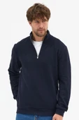 Erkek Lacivert Standart Fit Normal Kesim Pamuklu Yarım Fermuarlı Dik Yaka Pamuklu Sweatshirt - 1