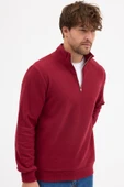 Erkek Bordo Standart Fit Normal Kesim Pamuklu Yarım Fermuarlı Dik Yaka Pamuklu Sweatshirt - 3