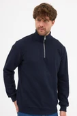 Erkek Lacivert Standart Fit Normal Kesim Pamuklu Yarım Fermuarlı Dik Yaka Pamuklu Sweatshirt - 4