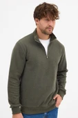Erkek Haki Standart Fit Normal Kesim Pamuklu Yarım Fermuarlı Dik Yaka Pamuklu Sweatshirt - 3