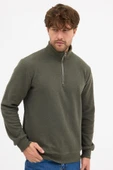 Erkek Haki Standart Fit Normal Kesim Pamuklu Yarım Fermuarlı Dik Yaka Pamuklu Sweatshirt - 5