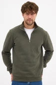 Erkek Haki Standart Fit Normal Kesim Pamuklu Yarım Fermuarlı Dik Yaka Pamuklu Sweatshirt - 7