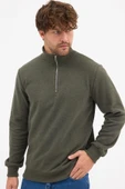 Erkek Haki Standart Fit Normal Kesim Pamuklu Yarım Fermuarlı Dik Yaka Pamuklu Sweatshirt - 4