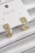 Pirinç Gold Renk Zirkon Taşlı Yarım Halka Model Kadın Küpe - TJ-BKP9977 - 1