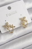 Pirinç Gold Renk Zirkon Taşlı 2'Li Çiçek Model Kadın Küpe - TJ-BKP9961 - 1