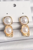 Pirinç Gold Renk İnci Kare Model Kadın Küpe - TJ-BKP10071 - 1
